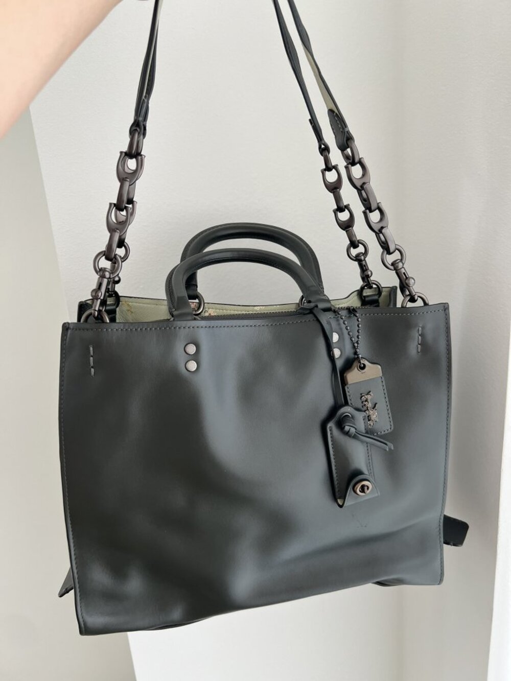 Coach 1941 Rogue Dark Green Leather Satchel Chain Strap Bag Floral Inner 26847